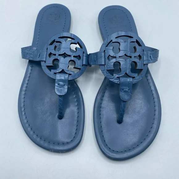 Tory Burch MILLER Leather Thong Sandals Logo Slip On Croc Embossed Women's 6 Blu - Picture 1 of 9